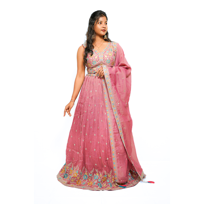 Onion Pink Designer Lehenga Set with Mirror Work Crop Top, Embroidered Flared Skirt & Roman Silk Dupatta