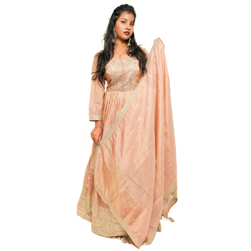 Pastel Orange Roman Silk Designer Gown with Golden Zari Work and Can-Can