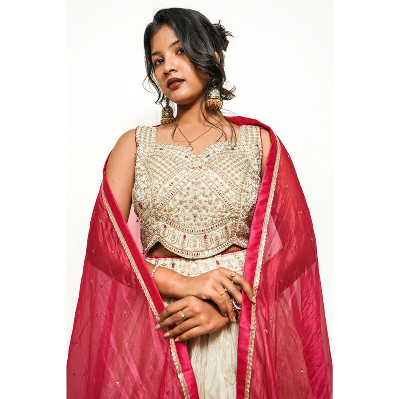 Half White Pure Tassar Silk Lehenga with Mirror Work Crop Top, Zari Brocade & Satin Silk Dupatta