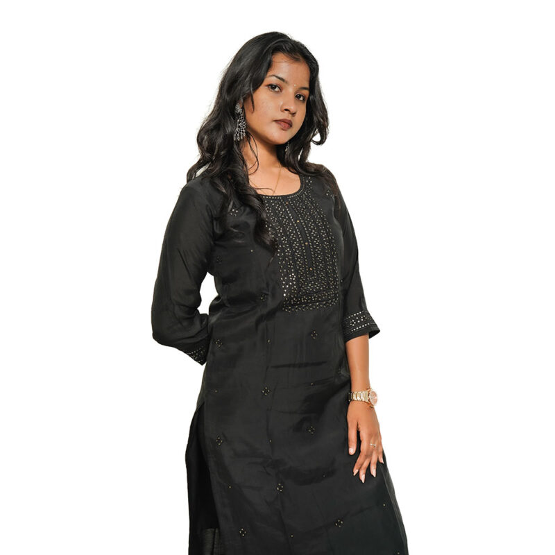 Black Chanderi Silk 3-Piece Salwar Suit with Silk Straight Pant and Dupatta