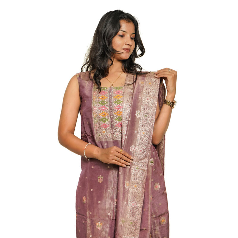 Merlot Shade Pure Roman Silk 3-Piece Salwar Suit with Designer Dupatta and Tassar Silk Straight Pant
