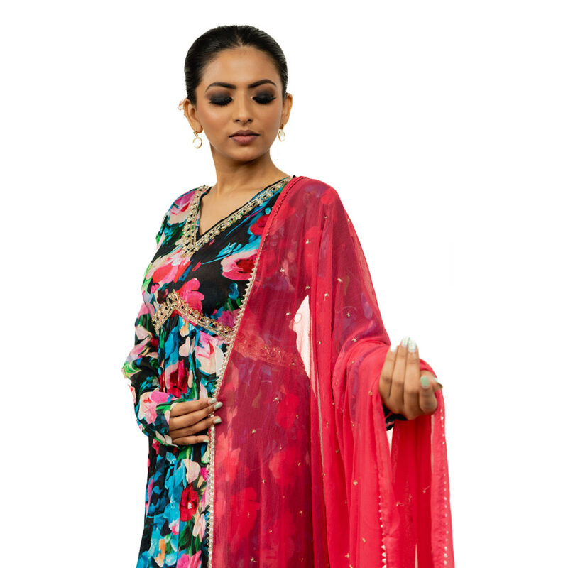 Black Multi-Colour Floral Print A-Line 3pcs Salwar Suit in Chiffon Fabric with Silk Straight Pant & Rani Pink Chiffon Dupatta