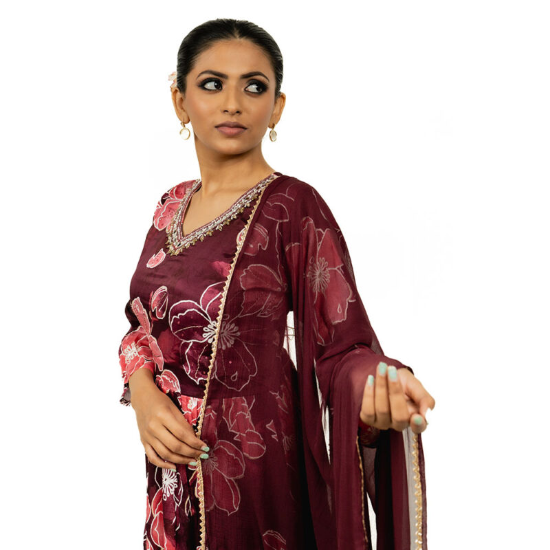 Pure Chinon 3-Piece A-Line Set in Red Wine with Handwork on Yoke, Pure Chiffon Dupatta & Silk Straight Pant