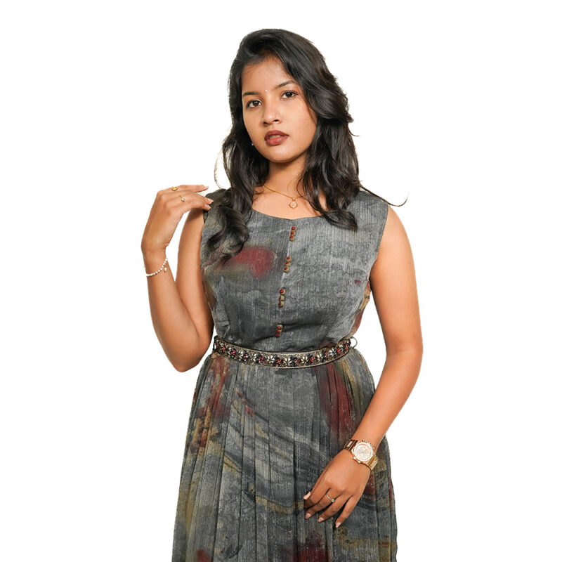 Dark Grey Indo-Western Gown with Scarlet Red and Black Abstract Print, Waist Belt, and Detachable Cups