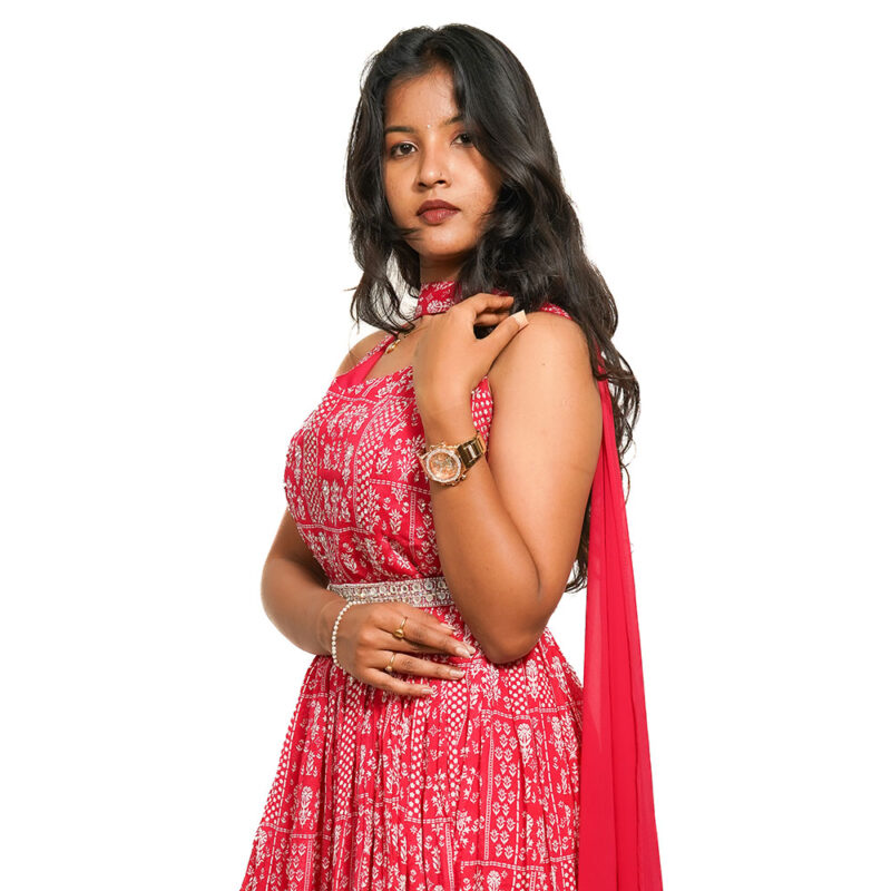 Rani Pink Halter Neck Chiffon Gown with Mirror Work Waist Belt, Floral Prints, and Choker Dupatta