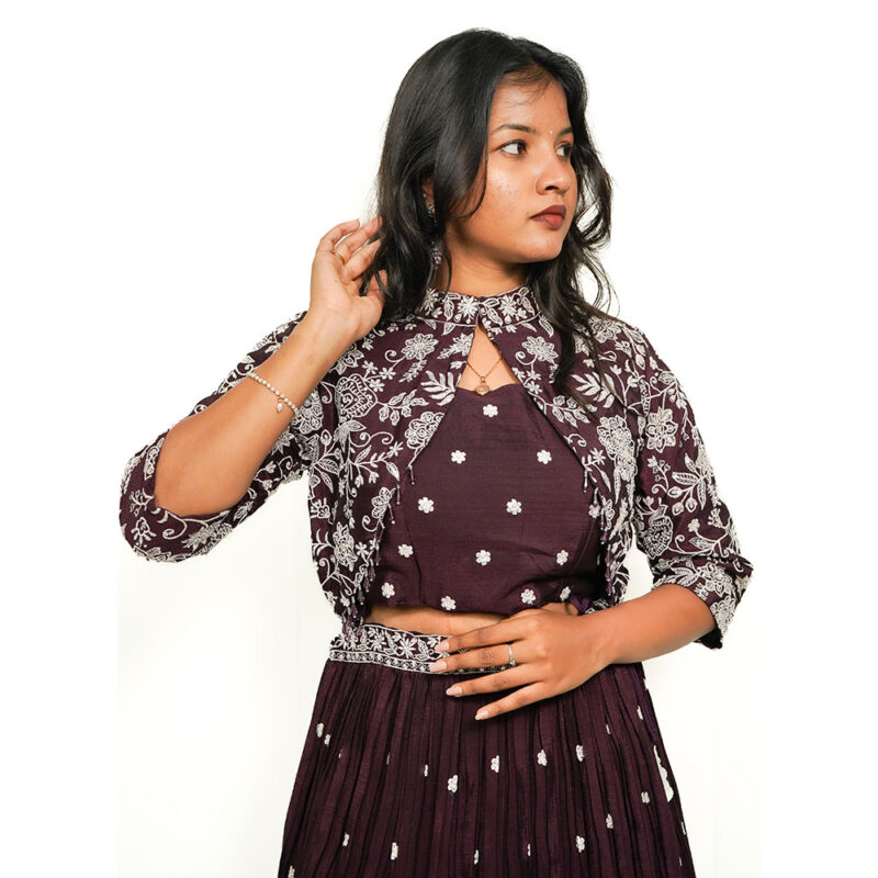 Dark Wine Designer Ready-to-Wear Crop Top Skirt with Jacket in Crape Fabric, White Thread Work, and Stone Detailing