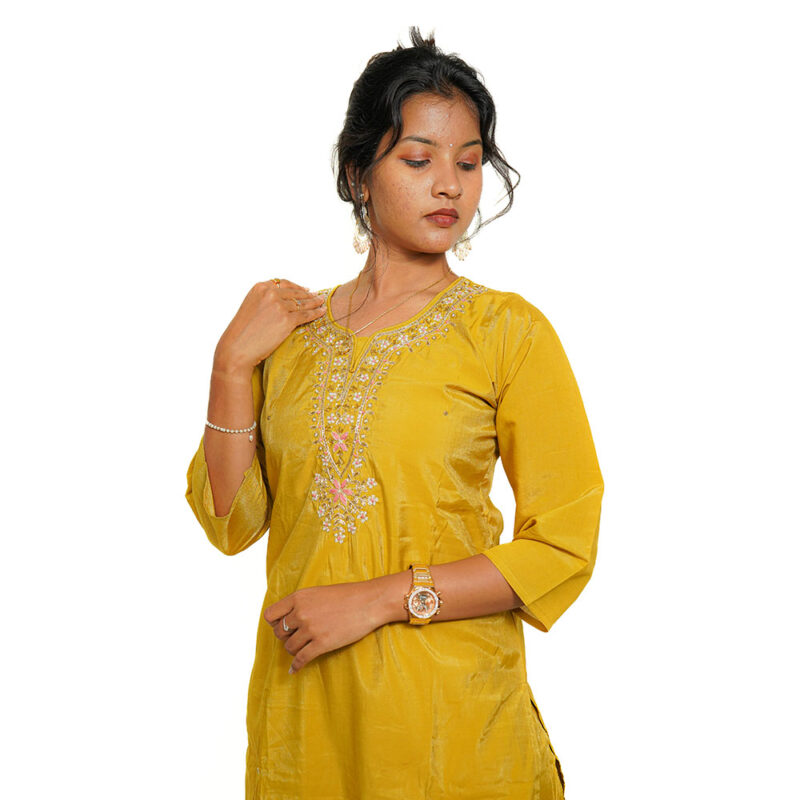 Mustard Yellow Semi-Masline Salwar Suit with Banarasi Dupatta and Silk Straight Pant