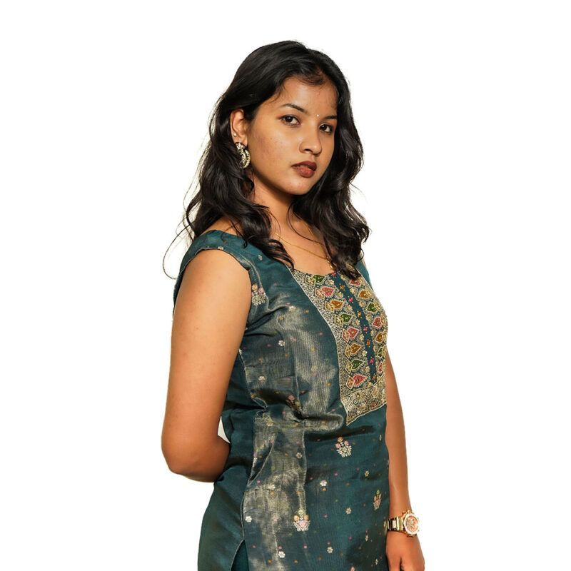 Dark Bottle Green Roman Silk Salwar Suit with Banarasi Weaving Dupatta and Raw Silk Straight Pant