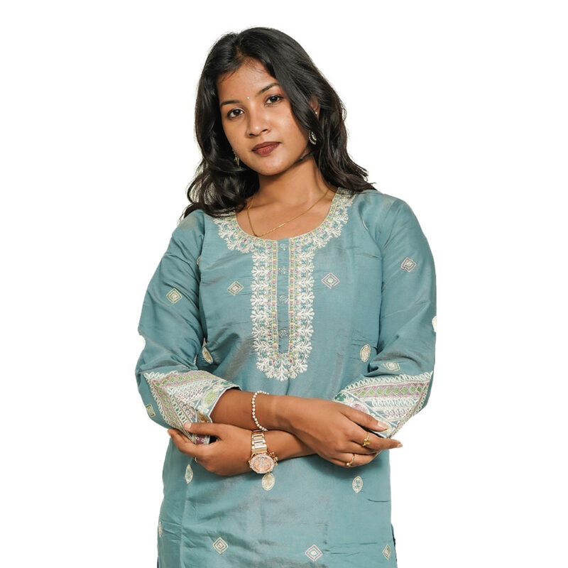 Powder Blue Tassar Silk Salwar Suit with Roman Silk Floral Print Dupatta and Silk Straight Pant