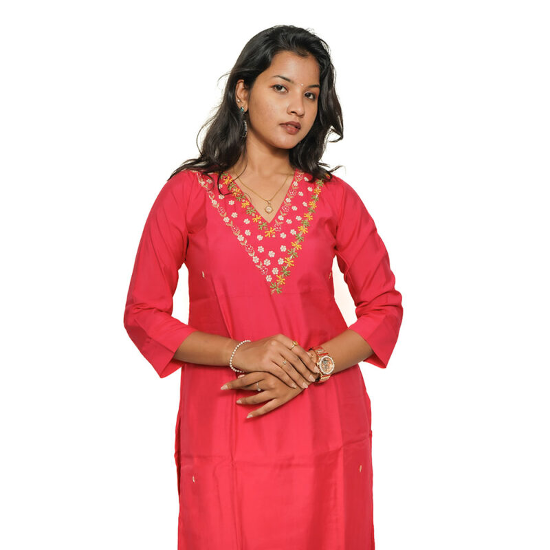 Rani Pink Semi Silk Salwar Suit with V-Neck, Embroidery, Beadwork, and Printed Dupatta