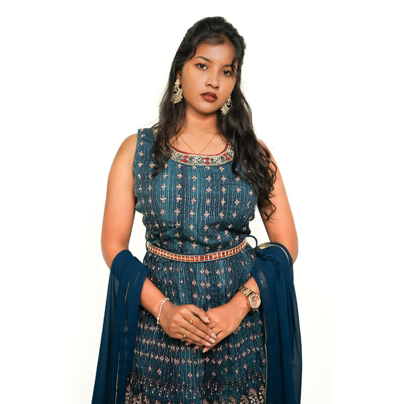 Dark Teal Blue Pure Chiffon Sharara Set with Stone Work, Mirror Work Waist Belt, and Detachable Cups