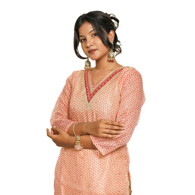 Cream 3-Piece Salwar Suit with Orange Square Box Print in Roman Silk and Floral Tissue Dupatta