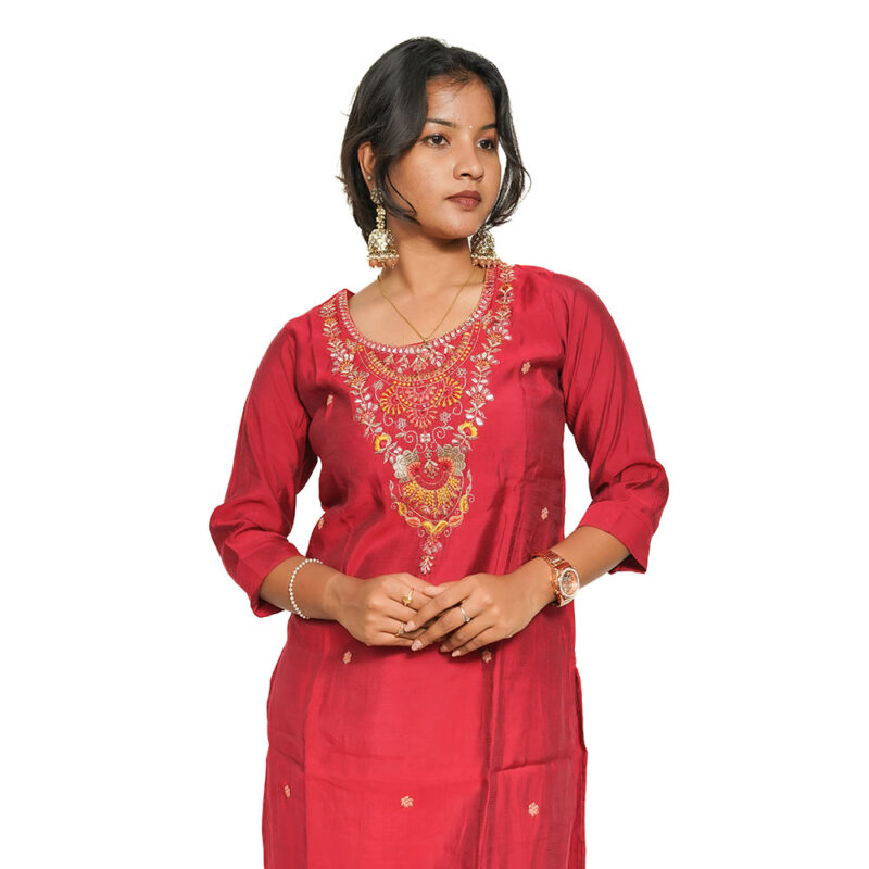 Raspberry Pink Semi Silk 3-Piece Salwar Suit with Zari Thread Work and Organza Floral Dupatta