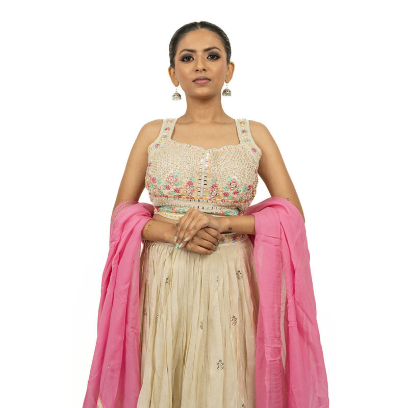 Light Beige Roman Silk Designer Lehenga Set with Mirror Work and Pastel Embroidery