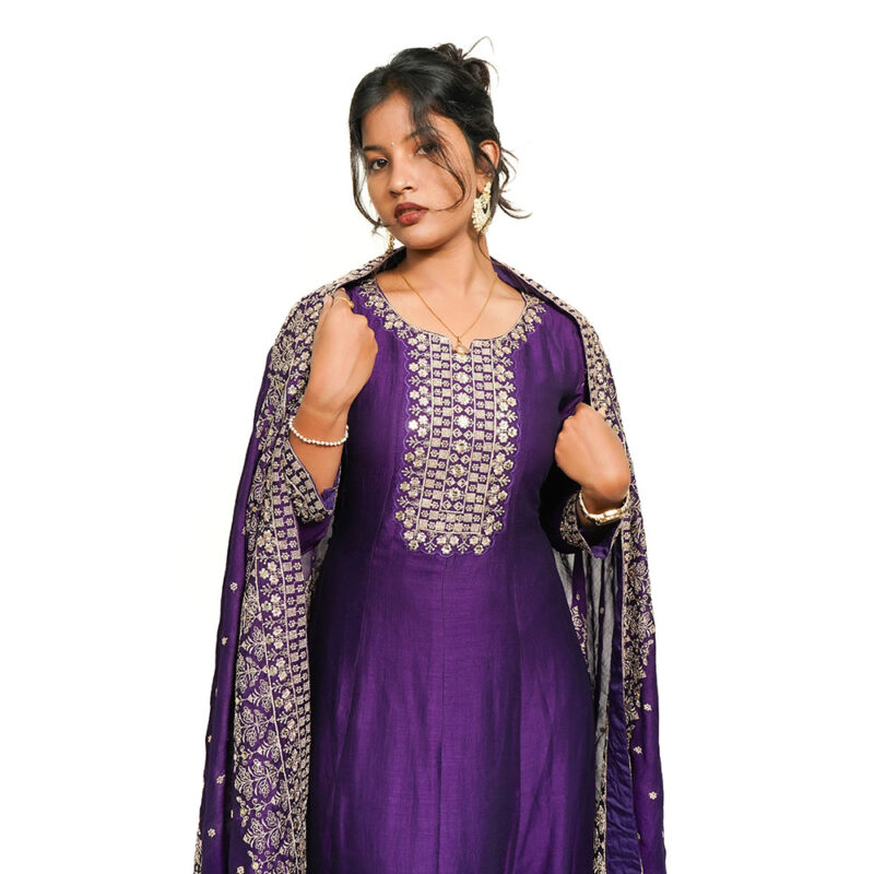 Dark Purple Floor-Length Gown in Pure Crape Silk with Golden Zari Work and Matching Zari Work Dupatta