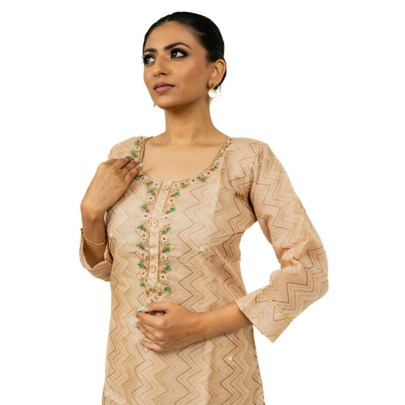 Cream Colour 3pcs Raw Silk Salwar Suit with Hand Bead Work Neck, Round Neck Top, Silk Straight Pant & Printed Border Dupatta