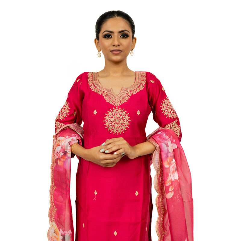 Rani Pink 3pcs Salwar Suit with Golden Jari Work on Neck & Sleeves, Semi-Silk Fabric with Straight Pant & Floral Organza Dupatta with Zari Border