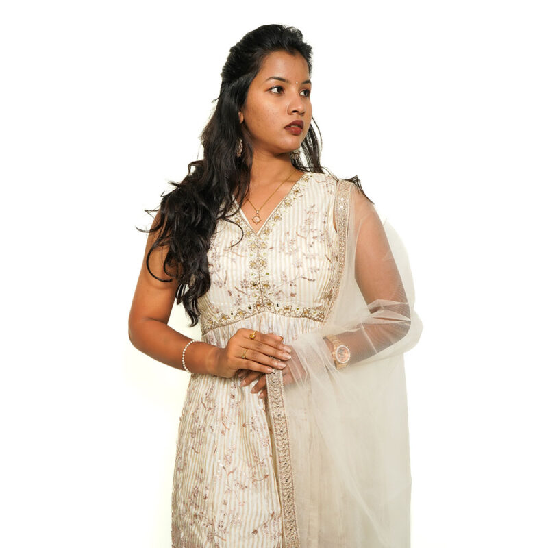 Half White Peplum Style Sharara Set with Copper Sequin Zari Work and Net Dupatta