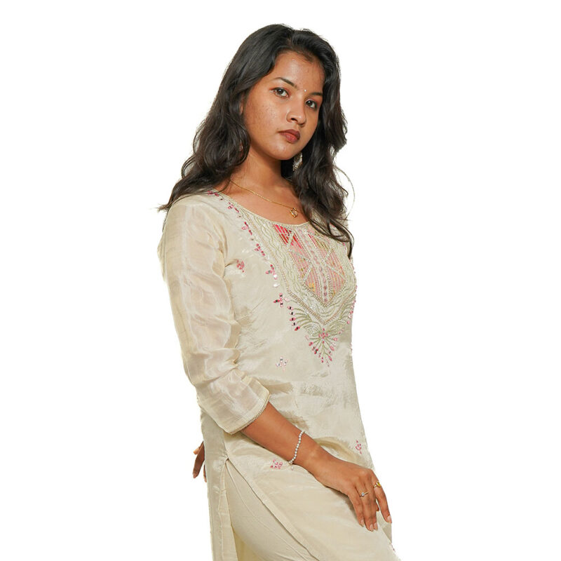 Ivory Shade Roman Silk Salwar Suit with Gota Work, Multicolor Printed Dupatta, and Duphen Silk Straight Pant