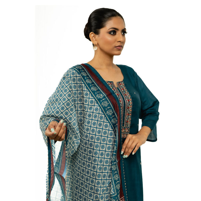 Soft Semi Silk 3-Piece Salwar Set with Ajrakh Print Dupatta, Mirror & Bead Work on Yoke, and Soft Semi Silk Straight Pant