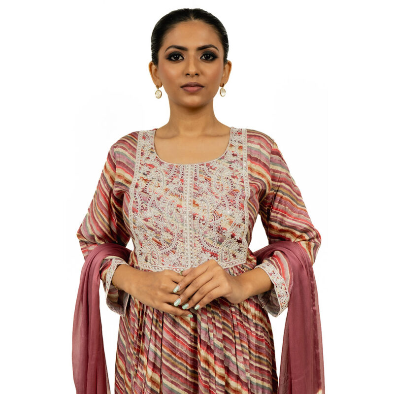 Dola Silk 3-Piece Salwar Set in Multi-Color Lehriya Print with Dual Shade Dupatta & Silk Straight Pant – Elegant & Traditional