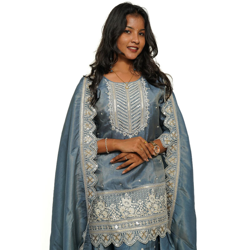 Teal Grey Pure Roman Silk Sharara Set with White Embroidery, Beadwork, and Threadwork Dupatta