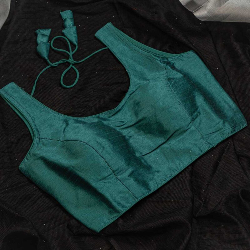 Bottle Green Raw Silk Readymade Blouse with Detachable Pads, Size Adjustable up to 42
